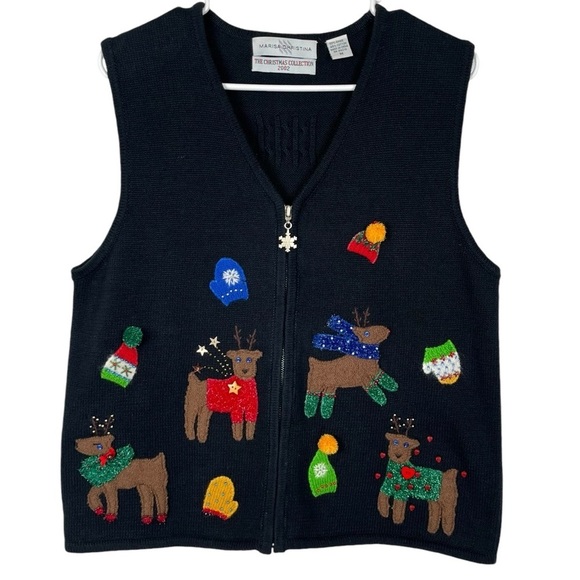Vintage Marisa Christina Christmas Collection 2002 Black Reindeer Vest Size Med - Picture 1 of 11